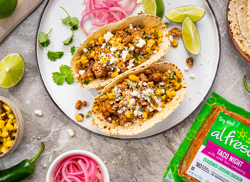 Mexican Street Corn Tacos featuring Al Fresco Seasoned Ground Chicken