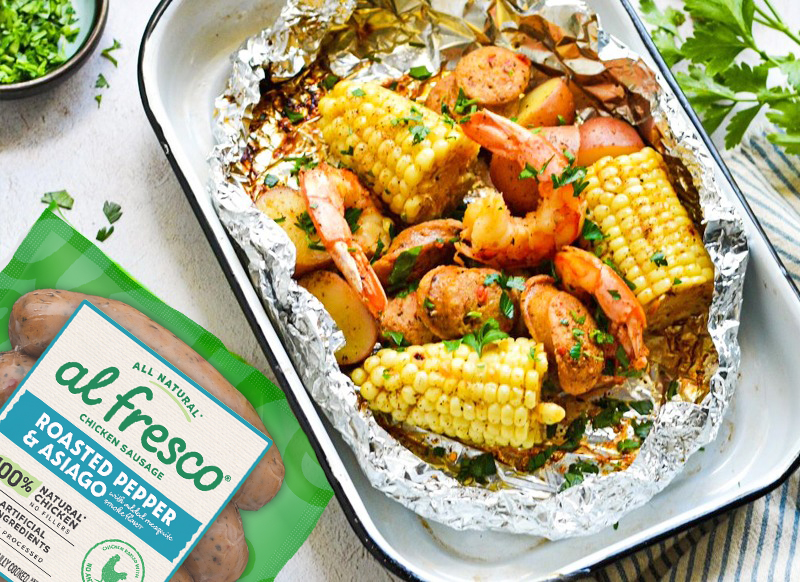 Al Fresco Chicken Sausage and Shrimp Cajun Foil Pack for grilling