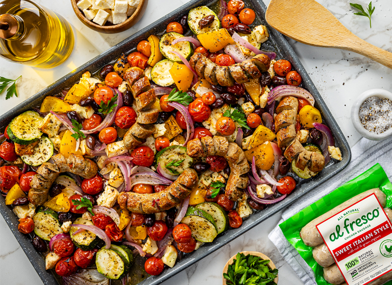 Greek Sheet Pan Dinner featuring Al Fresco Italian Style Chicken Sausage and fresh vegetables