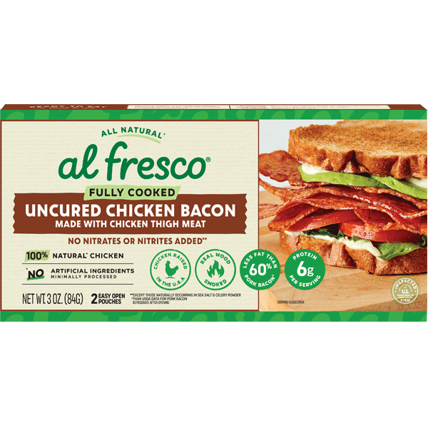 3 ounce carton of Al Fresco Fully Cooked Uncured Chicken Bacon