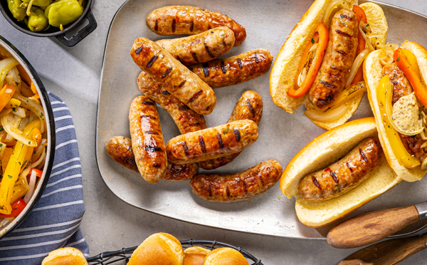 Plate full of freshly grilled juicy Al Fresco Chicken Sausages