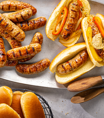 Plate full of freshly grilled juicy Al Fresco Chicken Sausages