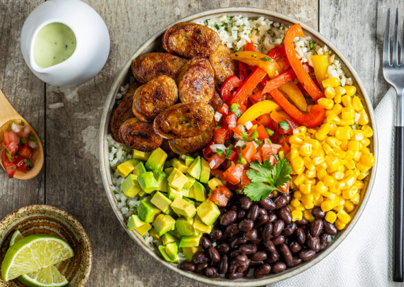 Spicy Jalapeno bowl featuring fresh vegetables and Al Fresco Chicken Sausage