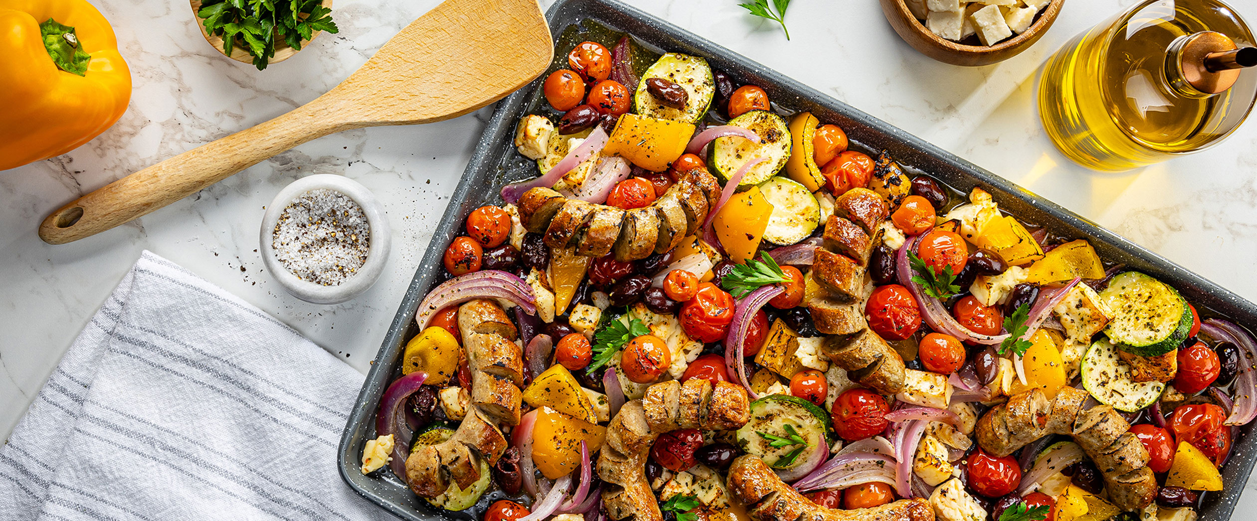 Greek Sheet Pan Dinner with Al Fresco Chicken Sausage and Fresh Vegetables