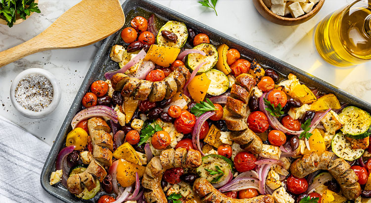 Greek Sheet Pan Dinner with Al Fresco Chicken Sausage and Fresh Vegetables