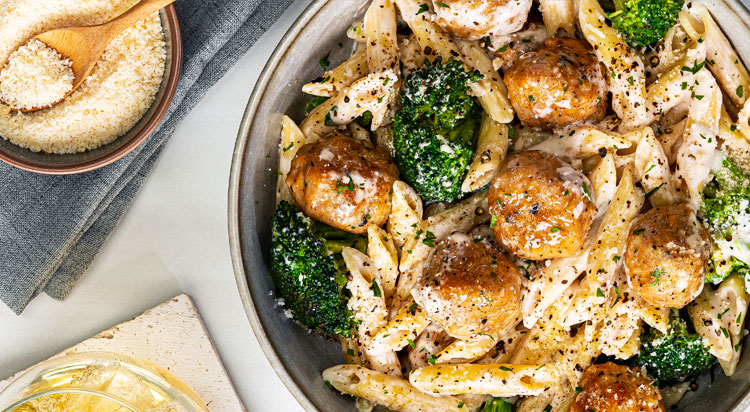 Bowl of Al Fresco chicken meatballs and broccoli and penne dish