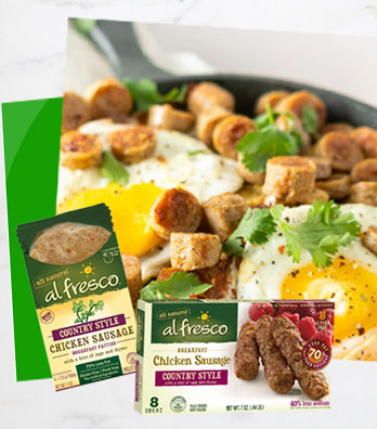 Image of a breakfast bowl and packs of Al Fresco Chicken Breakfast Sausage