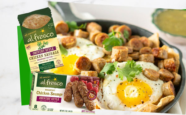 Image of a breakfast bowl and packs of Al Fresco Chicken Breakfast Sausage