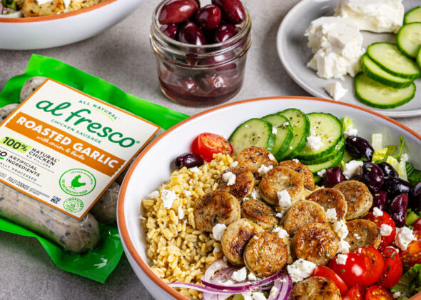 Mediterranean Sausage and RightRice Bowl with Al Fresco Roasted Garlic Chicken Sausage