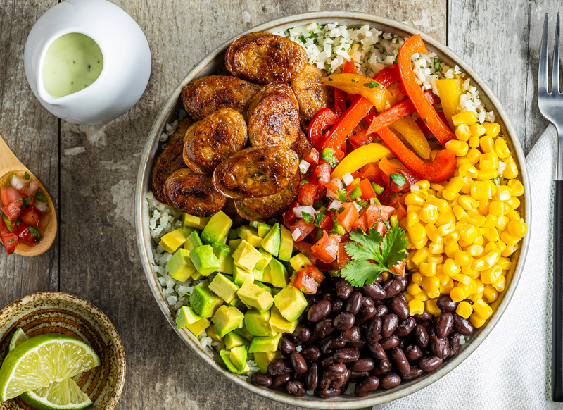 Al Fresco Spicy Jalapeno Burrito bowl with fresh vegetables and cauliflower rice