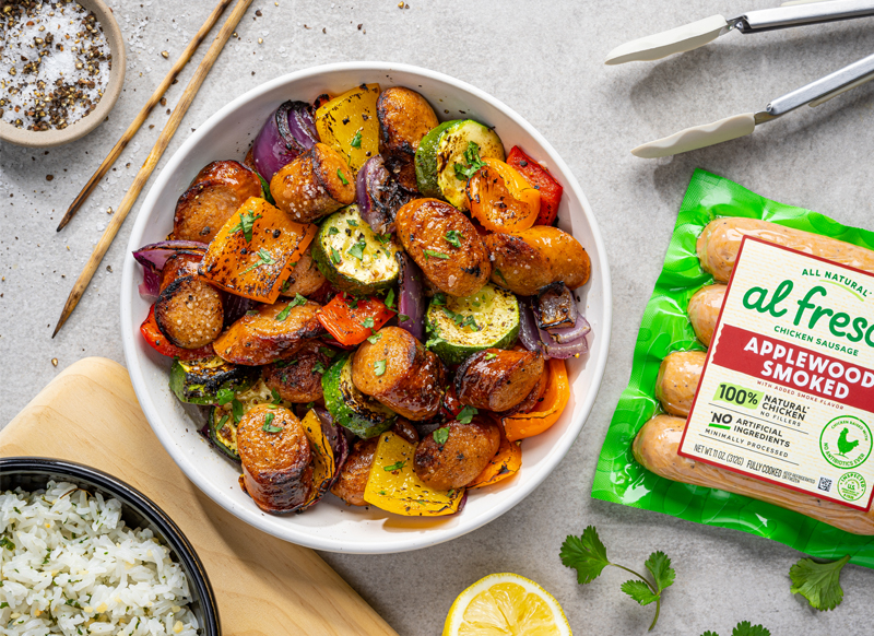 Al Fresco Applewood Smoked Kebabs in a bowl with fresh veggies