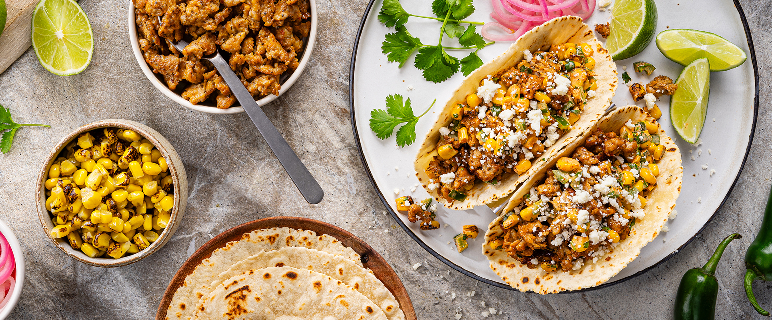 Mexican Street Corn Tacos featuring Al Fresco Seasoned Ground Chicken