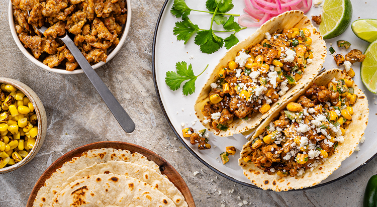 Mexican Street Corn Tacos featuring Al Fresco Seasoned Ground Chicken