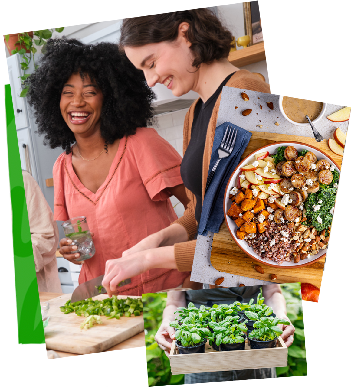 Collage of friends cooking, Al Fresco Bowl recipe, and fresh herbs