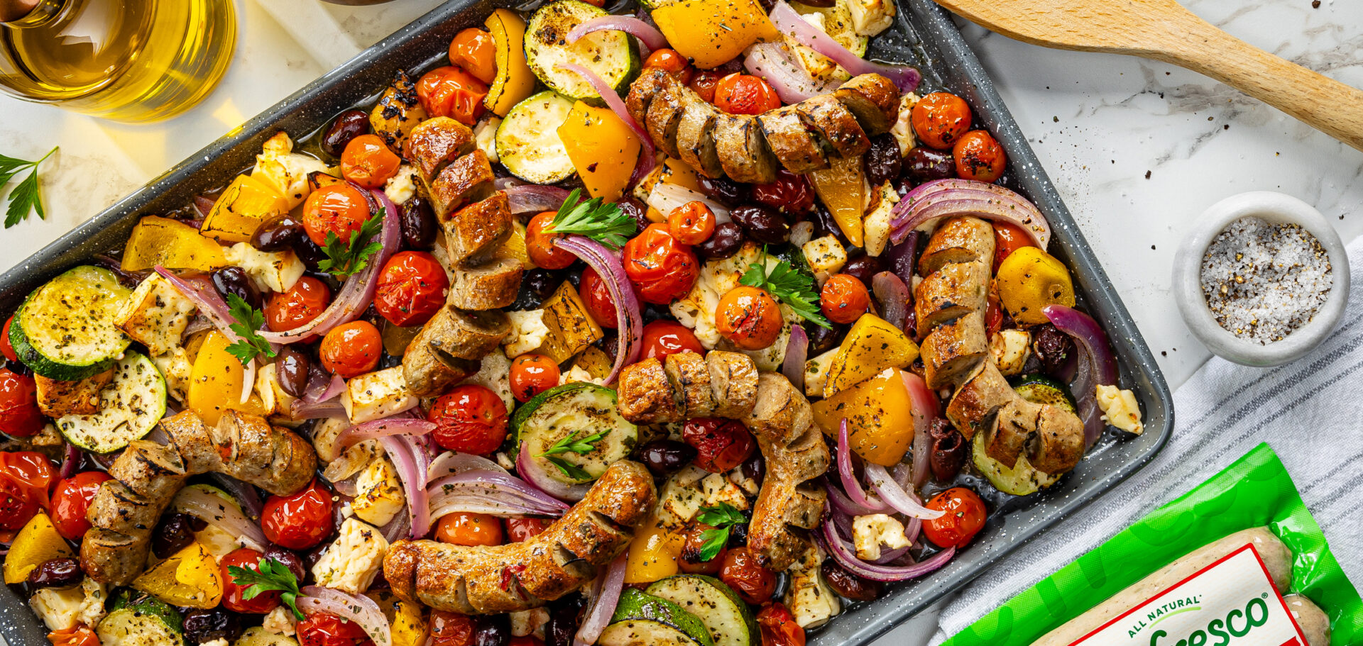 Greek Sheet Pan dinner featuring Al Fresco Chicken Sausage