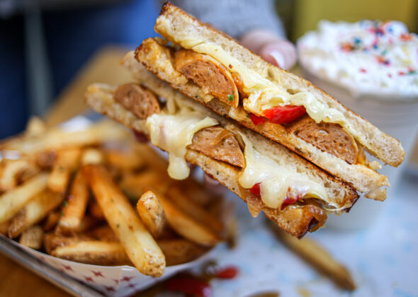Roxy's Grilled Cheese Sandwich featuring Al Fresco Caramelized Onion and Cheddar Chicken sausage