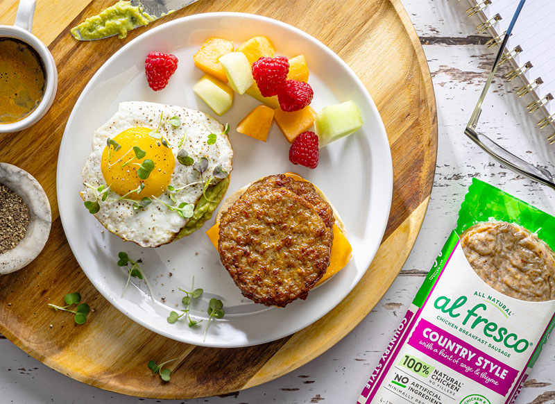 Al Fresco Chicken Breakfast Sausage Patty with Egg and Avocado breakfast sandwich