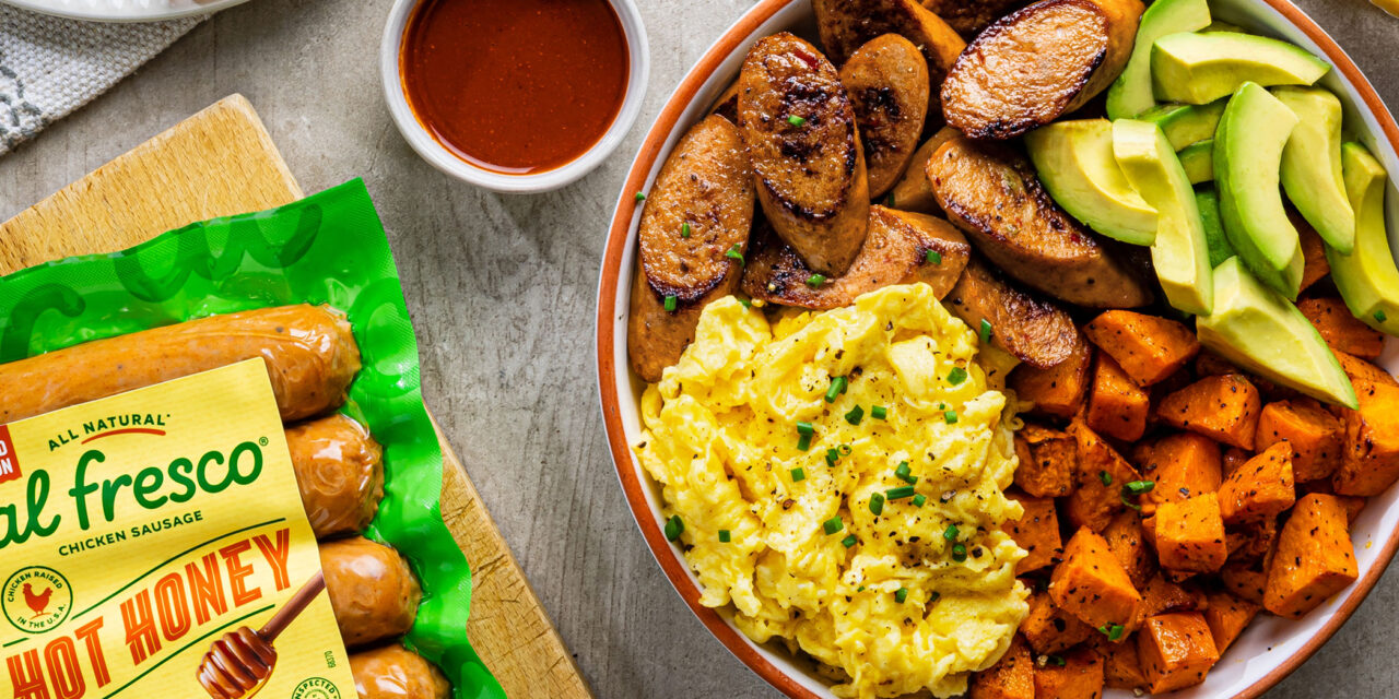 Al Fresco Hot Honey Chicken Sausage in protein bowl with eggs and sweet potato and avocado